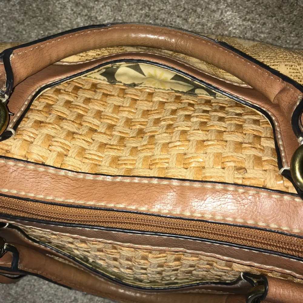 Fossil Vtg Tapestry & Leather Carpet Satchel Shoulder Bag Purse EUC